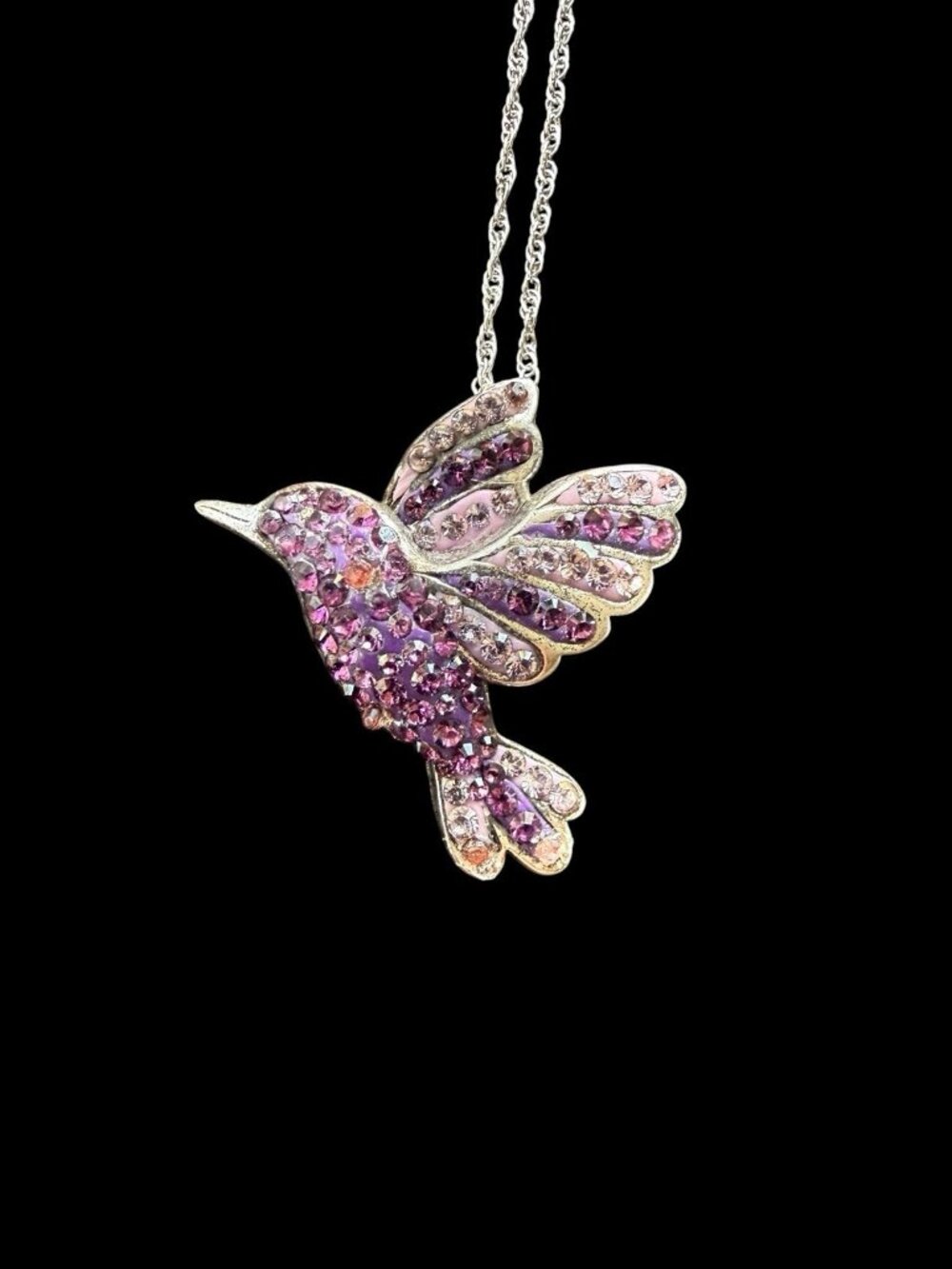 925 Sterling Silver RL BO Hummingbird Pendant Necklace Pink Purple Crystal